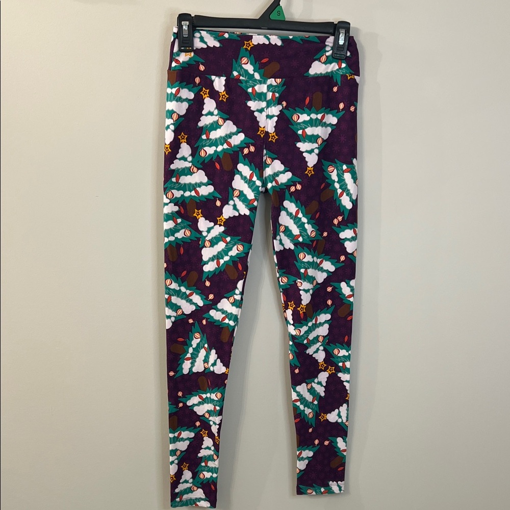 LuLaRoe Festive Tree Patterned Leggings - Purple, Green, White
